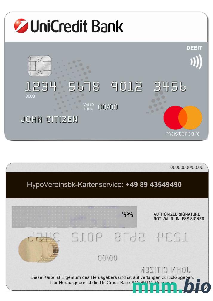 Germany UniCredit Bank Masterkarta Credit karta w pełni edytowalne PSD